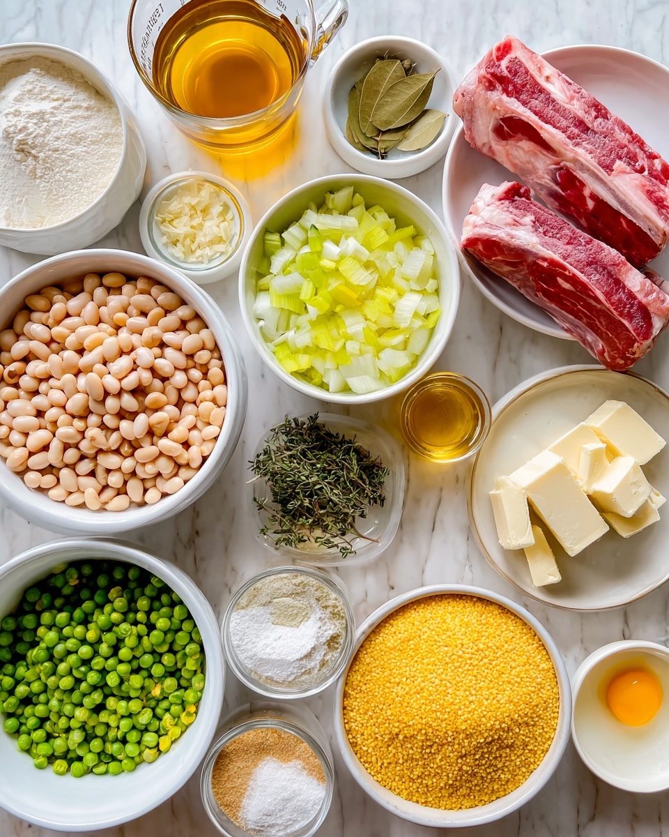 The image shows many white bowls and a clear measuring cup arranged on a white marbled surface. One white bowl holds white beans, another has raw ribs with a red color and visible bone, while separate bowls contain chopped white onions, minced yellow garlic, and green celery pieces. Nearby, a bowl is filled with bright yellow cornmeal, and others hold flour, baking powder, salt, black pepper, fresh green thyme, and bay leaves. A clear glass cup contains golden broth, and smaller white bowls have an egg, milk, butter cubes, and oil. Everything is neatly placed and well lit, with vibrant natural colors. Photo taken with an iphone --ar 4:5 --v 7