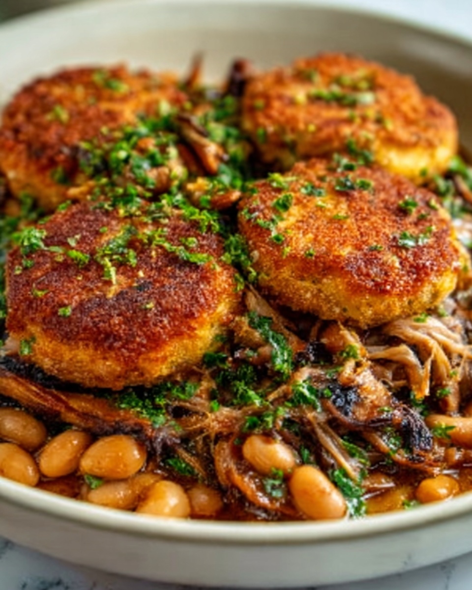A close-up view of a white shallow dish filled with a rich, saucy mix of light brown beans and shredded dark brown mushrooms, topped with chopped bright green herbs. Around the edge of the dish, four golden brown, crispy, round patties sit on top of the beans and mushrooms, showing a crunchy texture. The white marbled surface is slightly blurred in the background. photo taken with an iphone --ar 4:5 --v 7