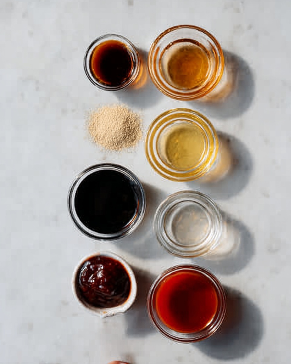 The image shows six small clear glass bowls arranged in two columns on a white marbled surface. The left column from top to bottom contains a dark brown liquid, a lighter brown liquid, and a yellowish liquid with a smooth texture. The right column from top to bottom contains a clear liquid, a thick red sauce, and a dark brown glossy paste. Between the columns, there is a small pile of beige powder. A woman's hand is holding a small white bowl with a dark liquid on the left side. The lighting highlights the clear textures and vibrant colors of all ingredients. photo taken with an iphone --ar 4:5 --v 7