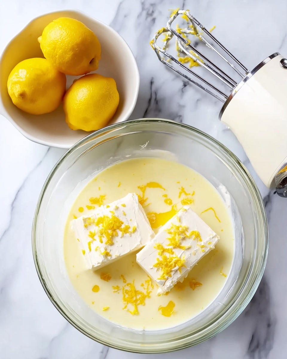 In the image, there is a clear glass bowl placed on a white marbled surface. Inside the bowl, there are two white blocks of cream cheese sitting in a pale yellow liquid, possibly lemon juice or egg mixture, topped with small bright yellow lemon zest pieces scattered over the blocks. To the left of the bowl, a white bowl holds three whole yellow lemons. On the right side of the glass bowl is a white electric hand mixer with silver beaters attached, resting on the surface. The overall scene is bright and clean, focusing on the fresh yellow and white colors. Photo taken with an iphone --ar 4:5 --v 7
