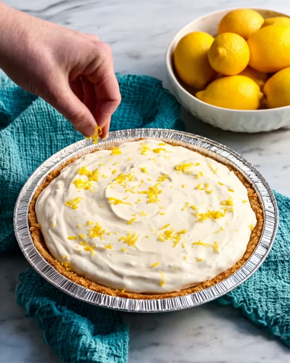 A pie with a golden brown crust in a shiny foil pan is topped with a smooth, creamy white filling. Small bits of bright yellow zest are scattered evenly on top, adding a pop of color. To the side, a white bowl full of bright yellow lemons sits on a white marbled surface, with a teal textured cloth nearby. A woman's hand is placing more zest on the pie, creating a sense of careful decoration. Photo taken with an iphone --ar 4:5 --v 7