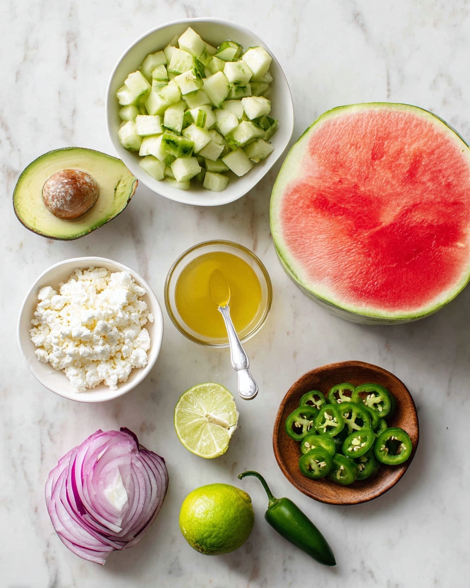 The image shows a group of fresh ingredients on a white marbled surface arranged neatly. There is a halved watermelon at the top right, showing its red flesh with a green rind. Below it to the left is a small white bowl filled with chunky green cucumber pieces. To the left of that is a halved avocado with its seed. Below the bowl of cucumbers is a white plate filled with white crumbly cheese. Next to it on the right is a clear glass bowl with a yellow liquid dressing and a silver spoon inside. Below and to the right is a whole lime, with part of it sliced into three wedges, showing light green flesh. At the bottom right is a fresh jalapeño pepper, and above it is a small round wooden bowl holding sliced green jalapeño rings. At the bottom left is a halved red onion with purple outer layers and white inner layers visible. All items are on a clean white marbled surface.  photo taken with an iphone --ar 4:5 --v 7