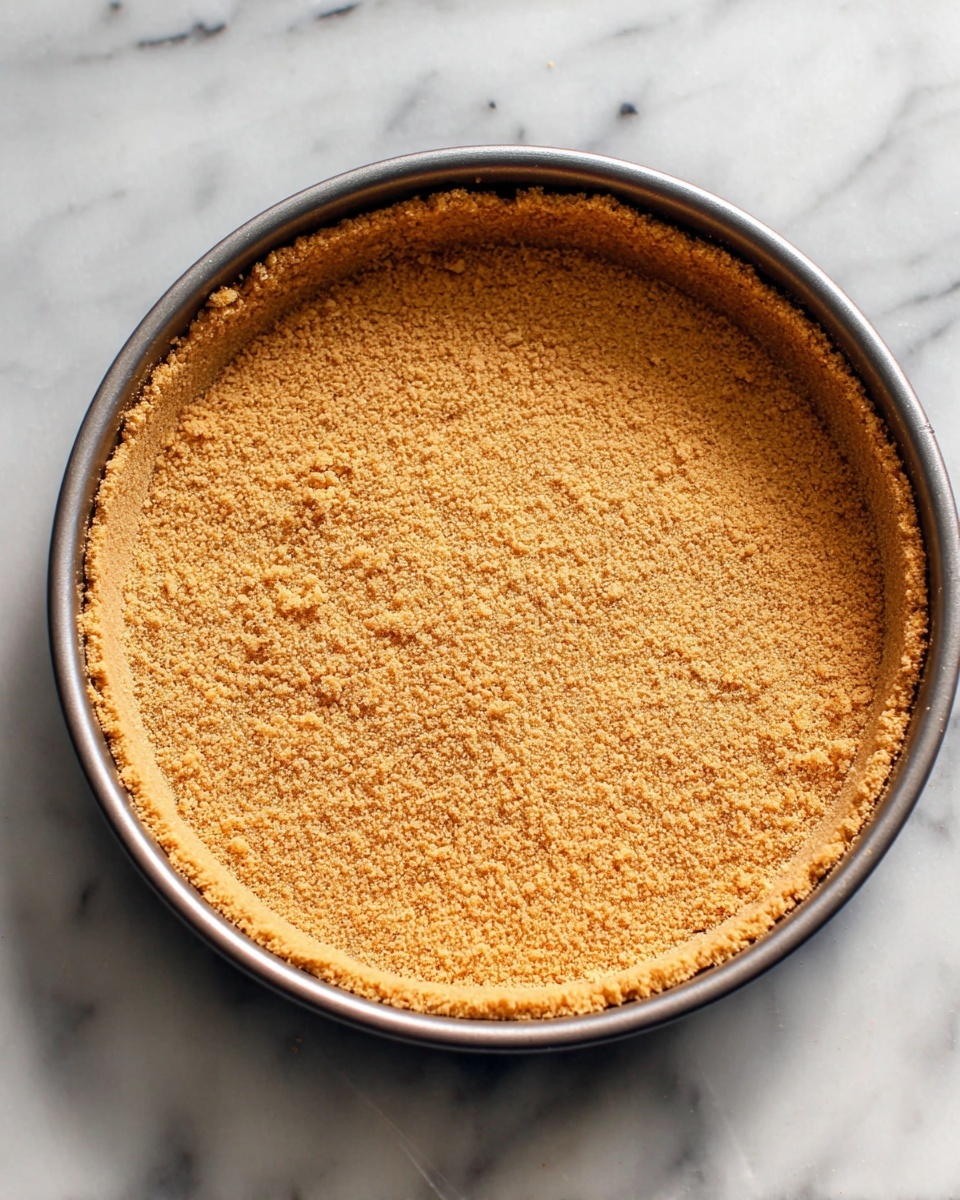 The image shows a single layer of a golden-brown crumb crust pressed evenly inside a round metal pan with high edges. The crust has a slightly rough texture with small crumbs visible all over, and it is pressed up along the sides to form a thick edge that is uniform in height. The pan sits on a white marbled surface, enhancing the warm tones of the crust photo taken with an iphone --ar 4:5 --v 7