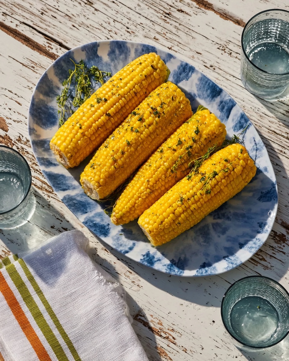 Four cooked corn ears with bright yellow kernels and bits of green herb on top are placed on a large white plate with a blue watercolor pattern. The plate rests on a white marbled surface with a rustic wooden table texture visible around it. Next to the plate, there is a white napkin with green, orange, and beige stripes. Two clear glasses of water with condensation are set near the plate. The lighting shows a sunny outdoor setting with soft shadows. photo taken with an iphone --ar 4:5 --v 7