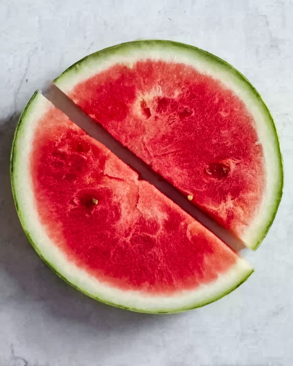 The image shows a round slice of watermelon on a white marbled surface. The slice has three layers: the outermost is a thin green rind with a smooth texture, followed by a white layer that is thin and clean, and the largest inner section is bright red with some visible watermelon seeds and a juicy texture. The watermelon slice is cut into three parts by two cuts, one horizontal and one vertical, with one part slightly moved away from the center. Photo taken with an iphone --ar 4:5 --v 7