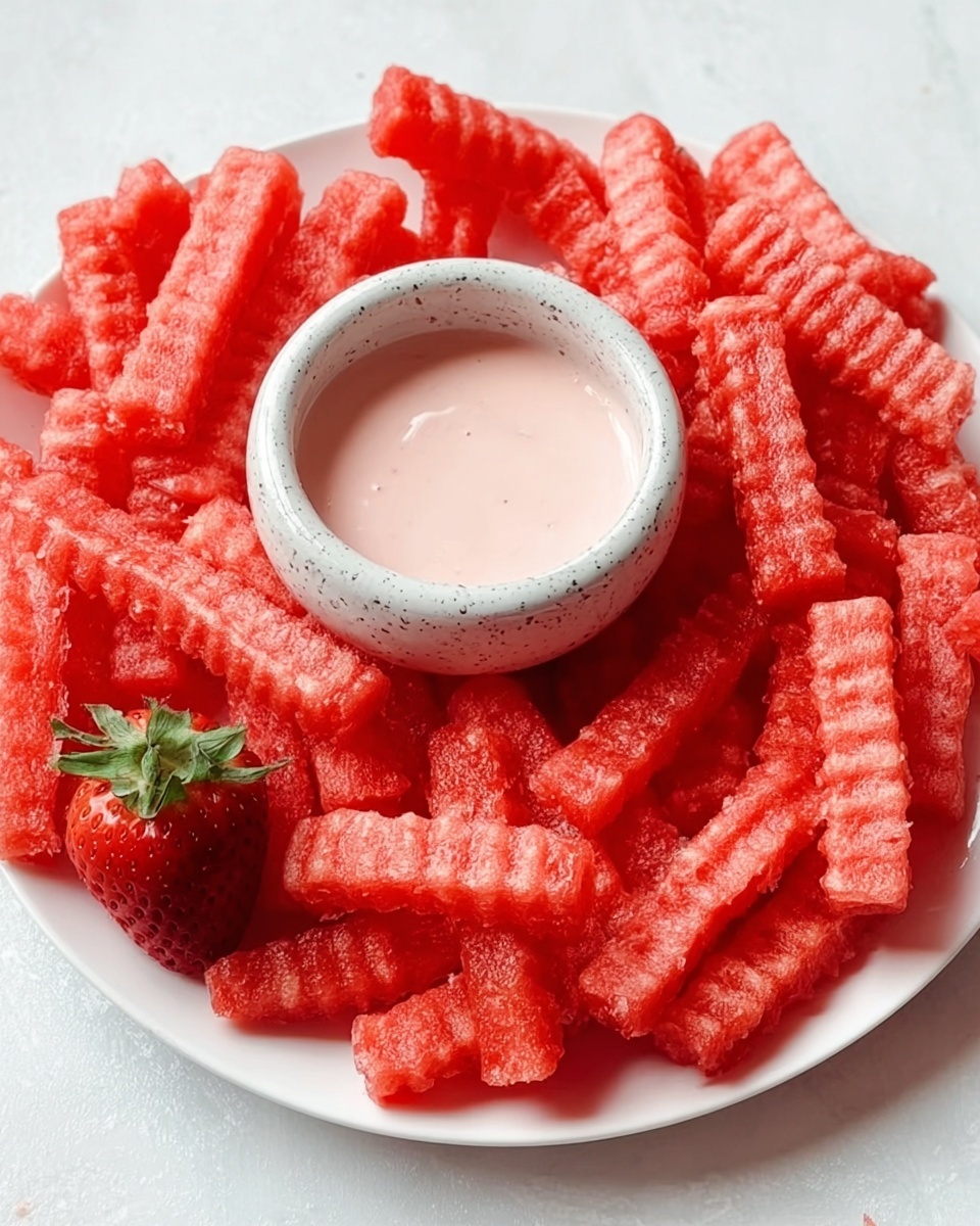 A white plate filled with many bright red crinkle-cut watermelon fries arranged in a loose circle, surrounding a small white speckled ceramic cup filled with light pink dipping sauce in the center. A single whole strawberry is placed on the white marbled surface near the plate. The texture of the watermelon fries shows clear ridges, and the sauce looks smooth and creamy. Photo taken with an iphone --ar 4:5 --v 7