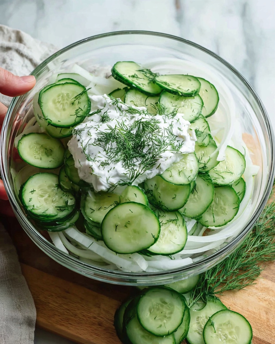 The image shows a clear glass bowl on a white marbled surface filled with layers of thin cucumber slices and white onion rings. The cucumber slices are fresh green with a light watery texture and are arranged on top and around the edges, while the white onion rings sit underneath. In the center of the bowl, there is a dollop of white creamy dressing sprinkled with finely chopped dark green dill. Some extra cucumber slices and sprigs of dill are placed next to the bowl on the surface. A woman's hand is reaching toward the bowl, adding a natural touch to the scene. Photo taken with an iphone --ar 4:5 --v 7