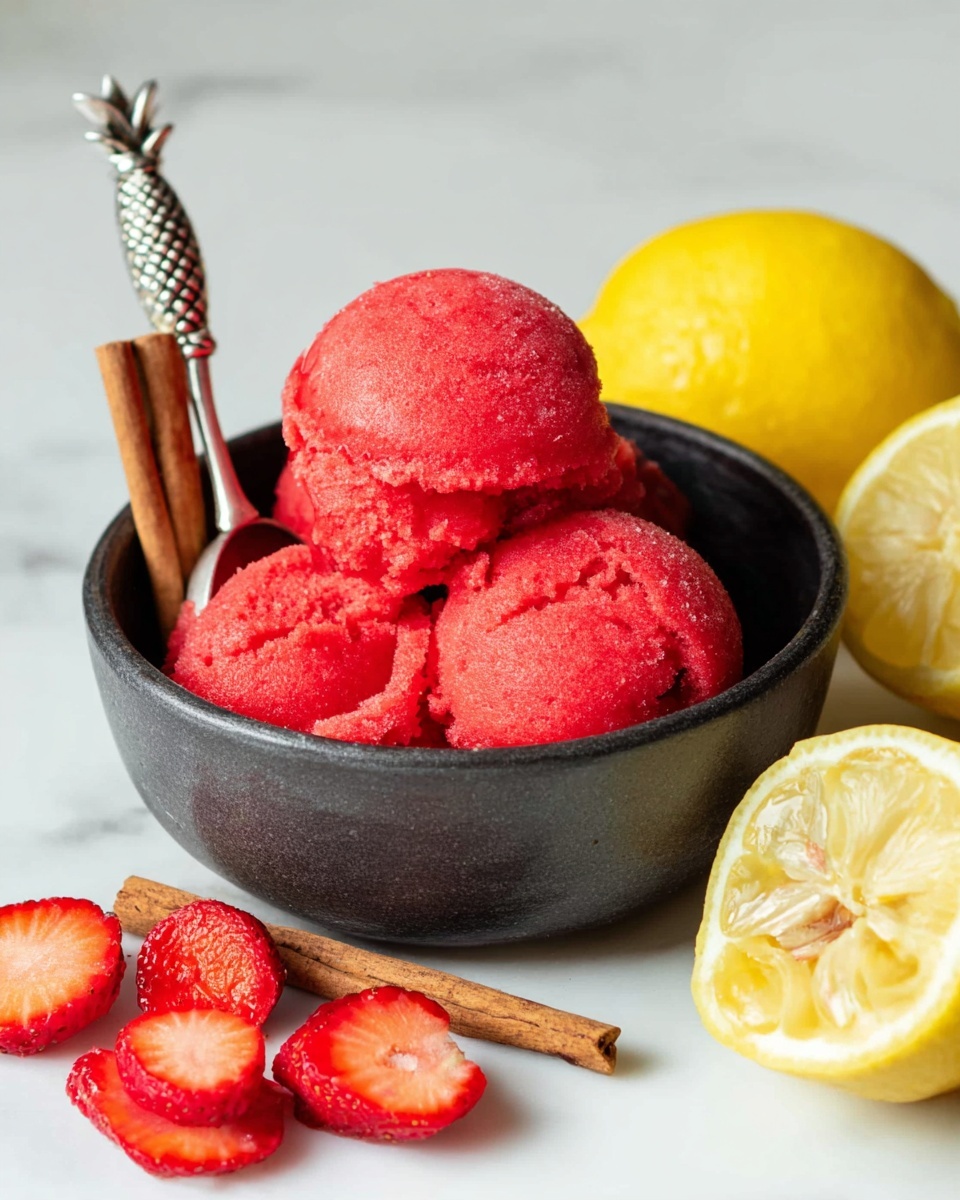 A dark bowl filled with five bright red scoops of smooth, slightly textured strawberry sorbet stacked in the center. The bowl rests on two small cinnamon sticks crossed beneath it. In front of the bowl, there are fresh red strawberry slices with their juicy, shiny surfaces facing up. To the right, there are two yellow whole lemons and one lemon cut in half showing its pale yellow interior with visible juice and seeds. A silver spoon with a pineapple-shaped handle leans on the edge of the bowl from the left. The background is a white marbled surface with soft lighting. photo taken with an iphone --ar 4:5 --v 7