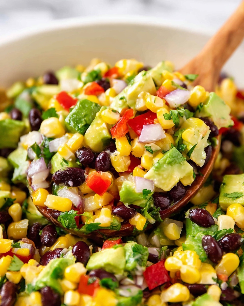 The image shows a close-up of a colorful salad consisting of three main layers: bright yellow corn kernels, small black beans, and chopped green avocado chunks. Mixed in are diced red bell peppers, small pieces of white onion, and bits of fresh green cilantro. The salad looks fresh and slightly glossy, and a wooden spoon is scooping some greens from the mix. The background features a white marbled texture. photo taken with an iphone --ar 4:5 --v 7