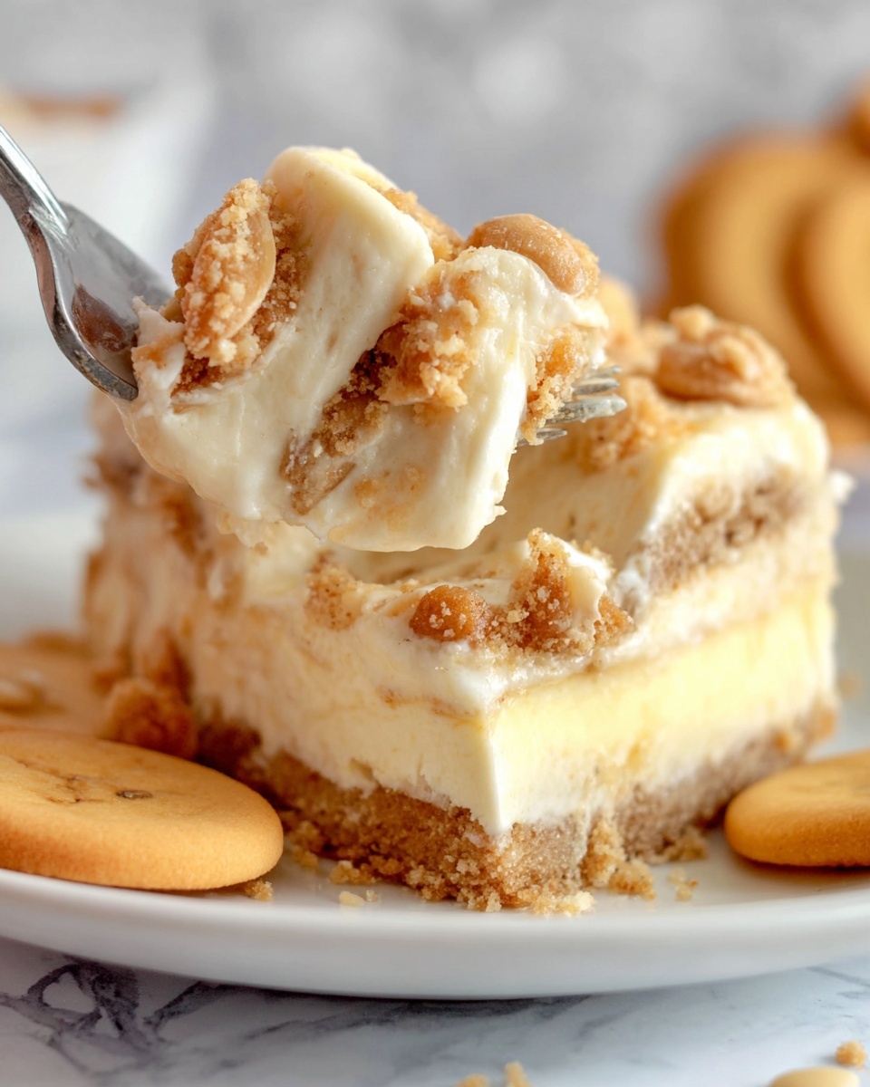 A close-up view of a creamy layered dessert served on a white plate with a white marbled background. The dessert has four visible layers: a crumbly light brown crust at the bottom, a thick smooth pale yellow custard layer above it, followed by a creamy white layer, and a top layer of crumbled light brown pieces mixed with small banana slices. A fork lifts a small portion showing all layers clearly, with the textures ranging from crumbly at the base to creamy and soft on top. Some golden round cookies are placed on the white marbled surface near the plate. Photo taken with an iphone --ar 4:5 --v 7