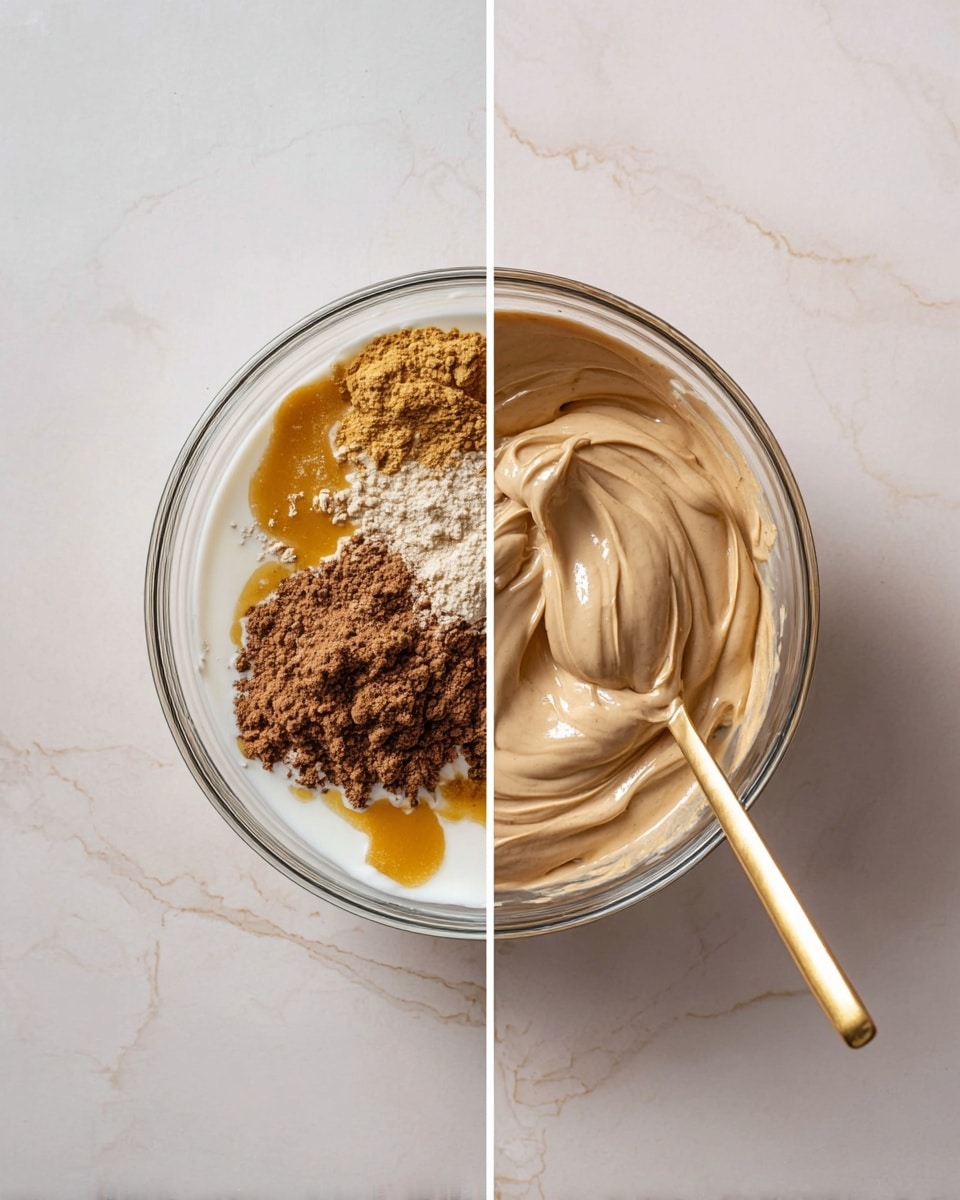 The left side shows a clear glass bowl with three layers of ingredients: a creamy white layer at the bottom, a golden honey-like layer on the left edge, and two dry powder piles on top, one light brown and crumbly and the other dark brown and finely powdered. The right side shows the same bowl filled with smooth, thick light brown cream, swirled evenly, with a gold spoon placed inside on the right side. Both bowls are set on a white marbled texture. photo taken with an iphone --ar 4:5 --v 7