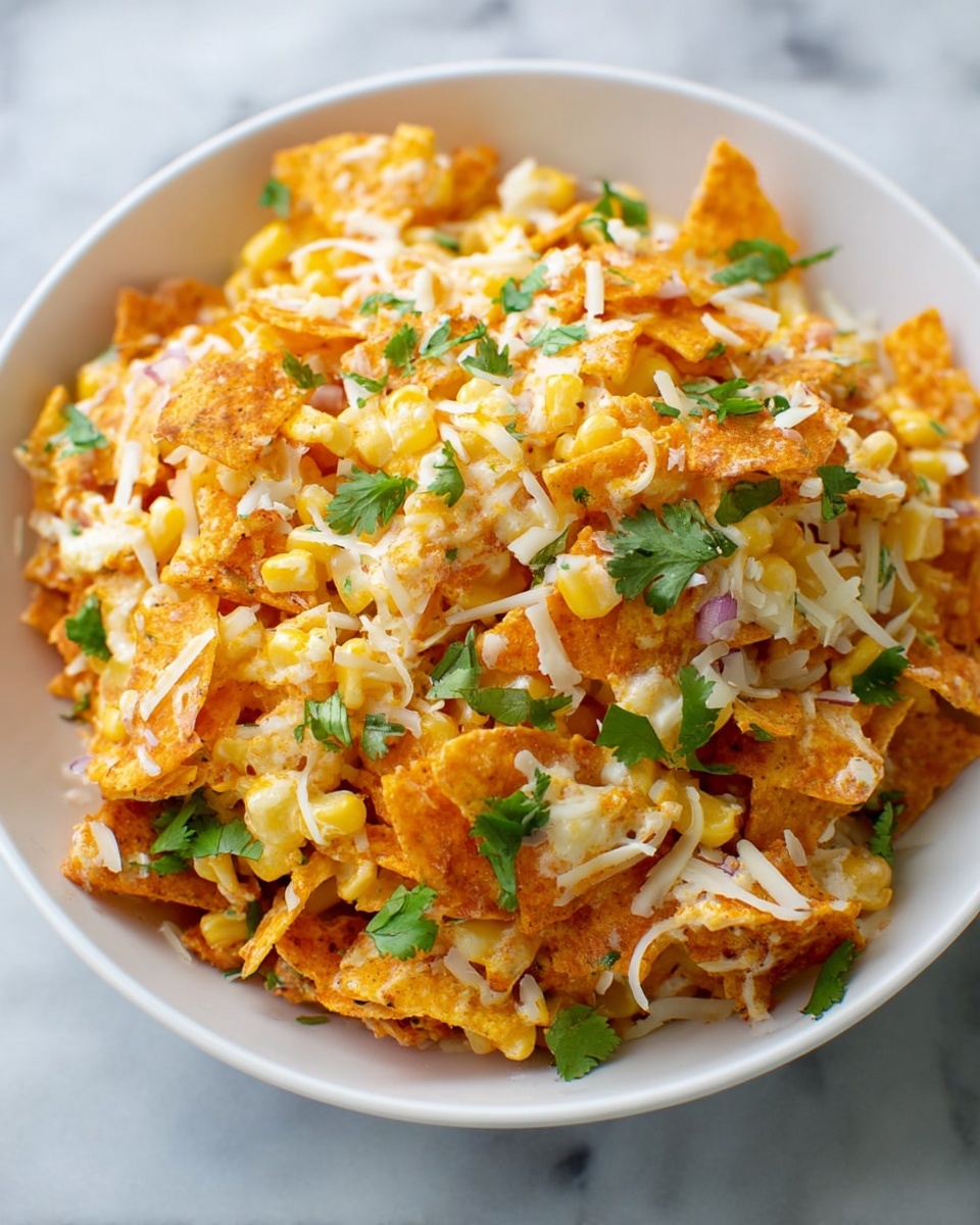 A close-up view of a white bowl filled with a chunky salad made of broken orange corn chips mixed with yellow corn kernels, creamy shredded white cheese, and small pieces of finely chopped onion. The salad is garnished with scattered fresh green cilantro leaves, giving a fresh contrast to the warm colors of the chips and cheese. The bowl sits on a white marbled surface, creating a clean and bright background. Photo taken with an iphone --ar 4:5 --v 7