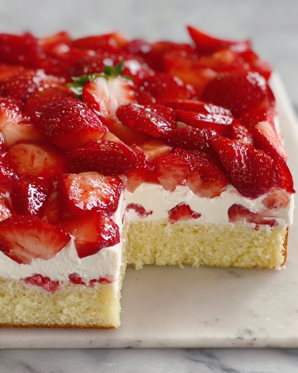 A square cake with three visible layers sits on a white marbled surface: the bottom layer is light yellow and spongy, the middle layer is white creamy frosting, and the top layer is covered with bright red sliced strawberries and whole strawberries, some glistening with a shiny glaze. One corner piece is missing, showing the soft texture of the cake and the creamy middle layer beneath the fruit. Photo taken with an iphone --ar 4:5 --v 7