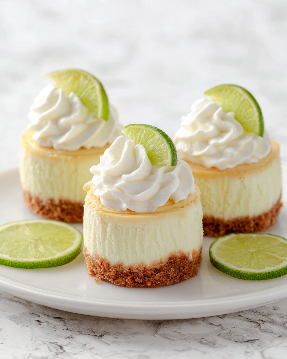 Three small cheesecakes sit on a white plate over a white marbled surface. Each cheesecake has three layers: a bottom layer of crumbly golden-brown crust, a thick middle layer of creamy pale yellow cheesecake, and a top swirl of white whipped cream. A thin slice of bright green lime is tucked into the whipped cream on each cheesecake. Extra lime slices lay on the plate beside the cheesecakes. The photo is taken with an iphone --ar 4:5 --v 7