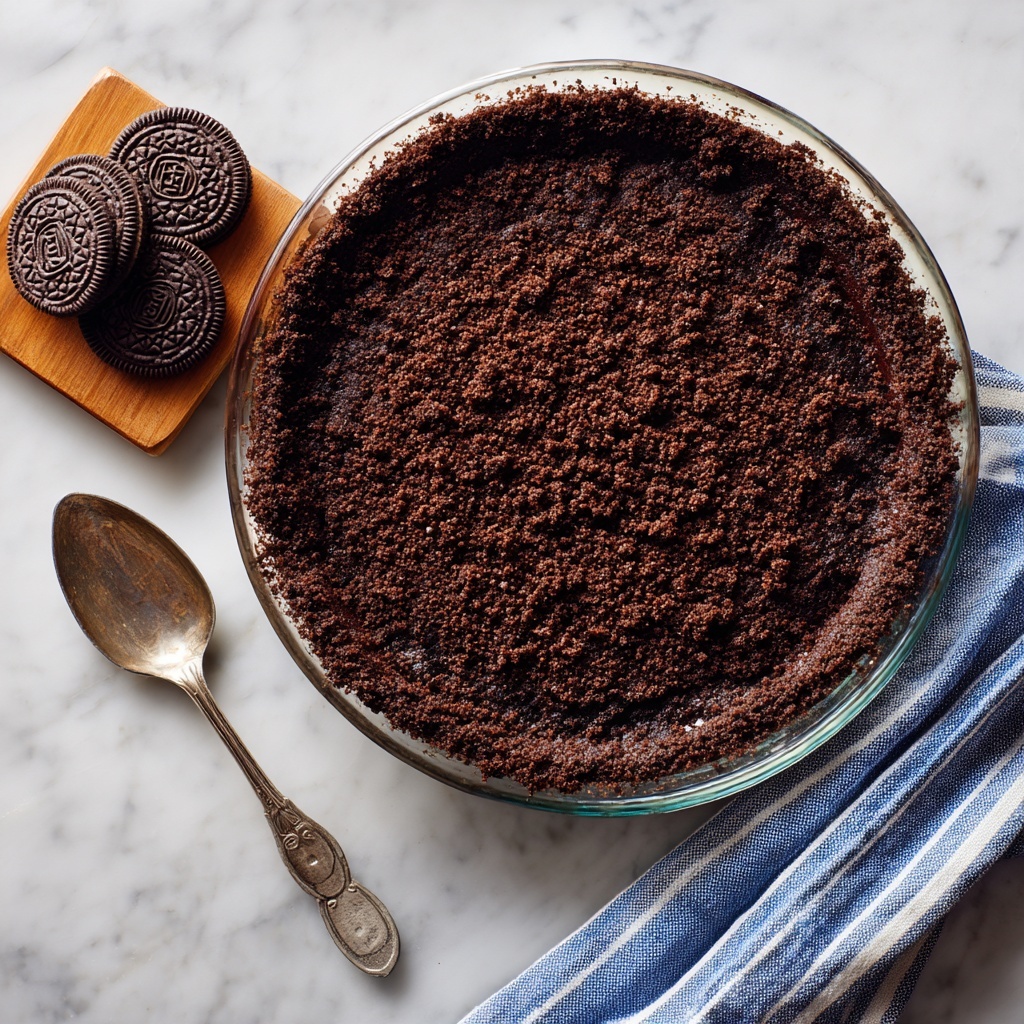 Two pie crusts are shown from above on a white marbled surface. The pie on the left has one thick layer of light golden, crumbly graham cracker crust pressed smoothly and evenly in a clear glass pie dish. The pie on the right has one thick layer of dark brown, finely crushed Oreo cookie crust pressed evenly in a clear glass pie dish. Around the pies, there are unwrapped black and golden Oreo cookies scattered randomly. A shiny metal pie server with a beaded handle lies near the pies. Photo taken with an iphone --ar 4:5 --v 7