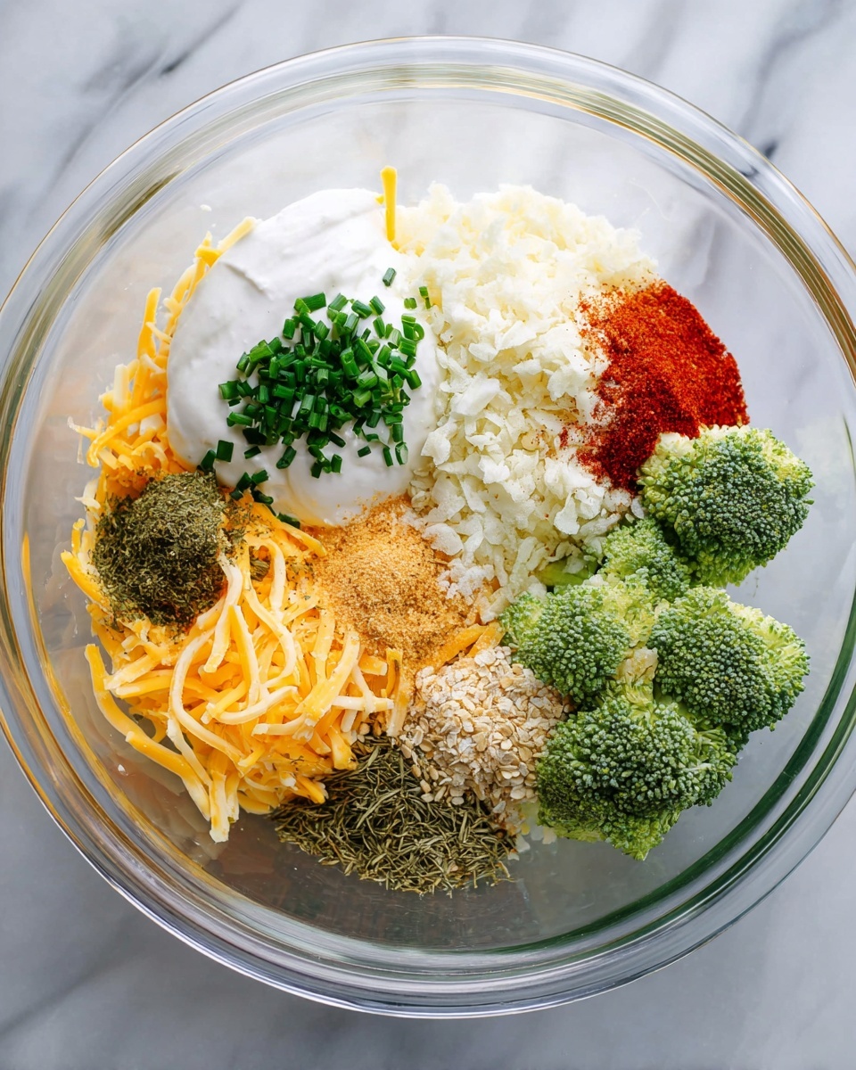 A large clear glass bowl sits on a white marbled texture, filled with several colorful ingredients in layers. On the right side, there are small bright green broccoli florets with a rough texture. Below and slightly to the left, a pile of shredded yellow and white cheese strands creates a soft, tangled layer. To the left of the cheese, smooth white sour cream topped with small diced green chives forms another layer. Above the sour cream, there is a layer of finely chopped white cauliflower. Next to the cauliflower are several spices: bright red paprika powder, dark green dried dill, and black pepper powder, along with light beige oatmeal flakes and tan garlic powder, all placed neatly in small sections close to the top left edge of the bowl. The bowl’s transparency shows the different colorful ingredients clearly. photo taken with an iphone --ar 4:5 --v 7