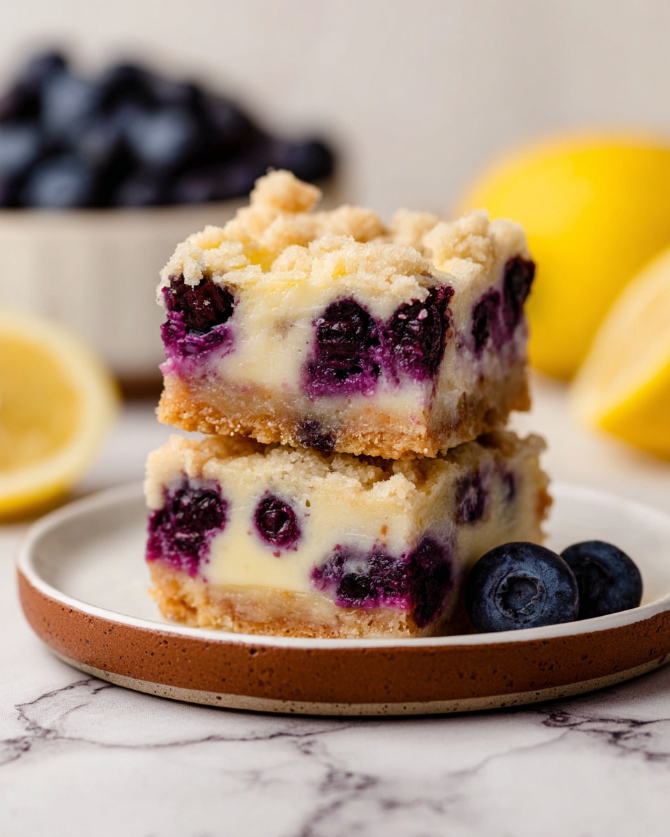 Two square pieces of blueberry dessert stacked on top of each other on a white plate with brown rim. Each piece has three layers: a golden brown crumbly top layer, a middle creamy layer with whole dark purple blueberries visible, and a firm light golden bottom layer. A few fresh blueberries sit on the plate beside the dessert. The background and surface are white marble, with blurred blueberries in a white bowl and a whole lemon also visible. Photo taken with an iphone --ar 4:5 --v 7