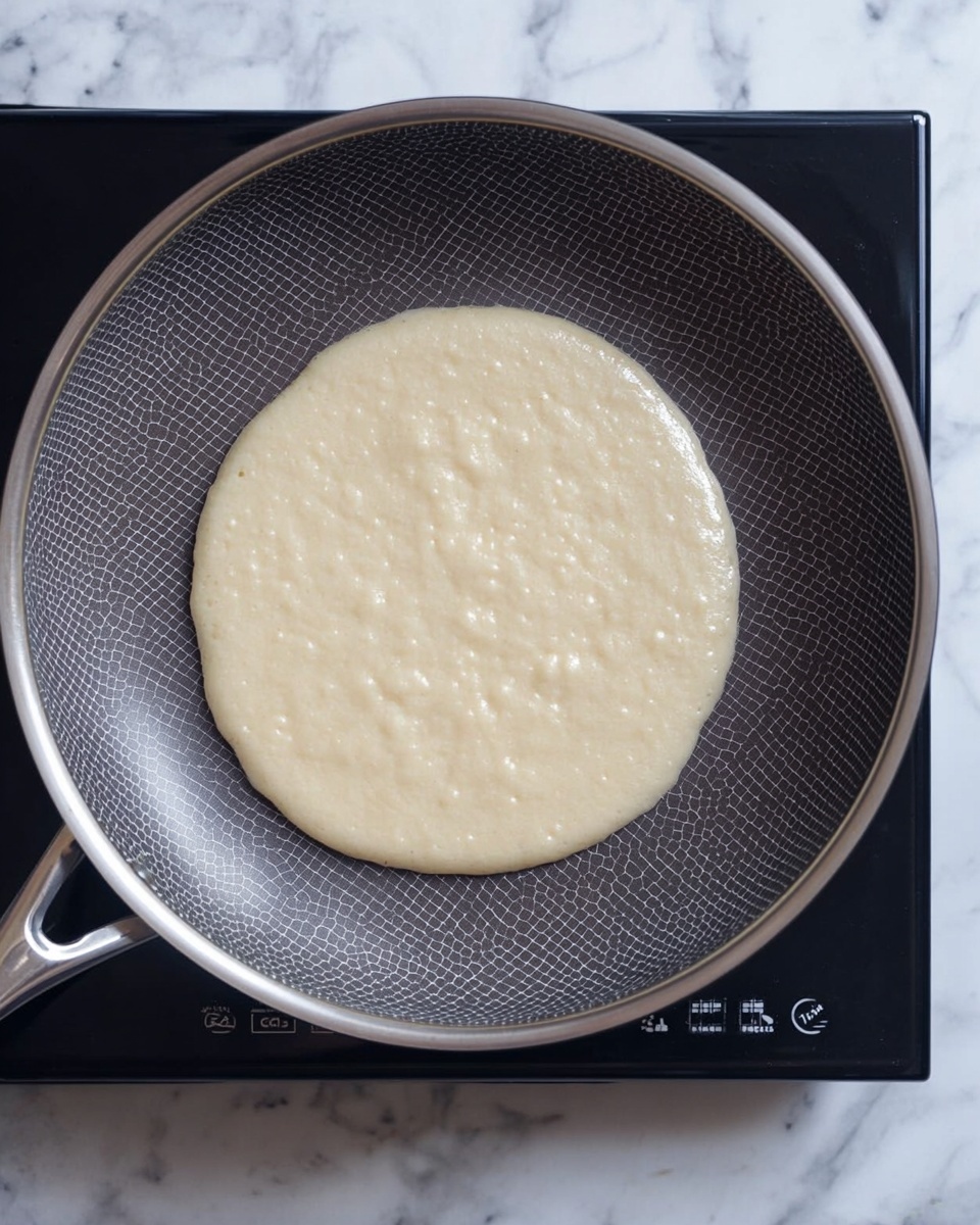 A light beige round pancake batter sits in the center of a dark gray non-stick frying pan with a honeycomb pattern; the pancake batter is smooth and slightly bubbly on top, showing its soft texture. The pan has a shiny silver rim and handle and is placed on a black electric stove. The background surface is a white marbled texture. photo taken with an iphone --ar 4:5 --v 7
