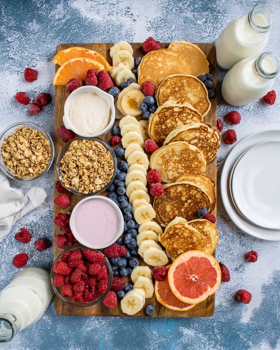 The image shows a wooden board filled with three different types of pancakes arranged in groups across the board, ranging from light golden to darker brown colors. There are small round pancakes stacked loosely side by side. Around the pancakes, there are curved rows of banana slices, red raspberries, and small clusters of blueberries placed as colorful accents. Three small glass bowls with granola or crushed nuts are also set on the board, along with two white bowls of pink yogurt and a small white pitcher with syrup in the center. A few slices of bright orange grapefruit add a splash of color near the middle. The whole setup rests on a blue textured surface with a couple of bottles of milk nearby and a white plate off to the right, all on a white marbled texture. Photo taken with an iphone --ar 4:5 --v 7