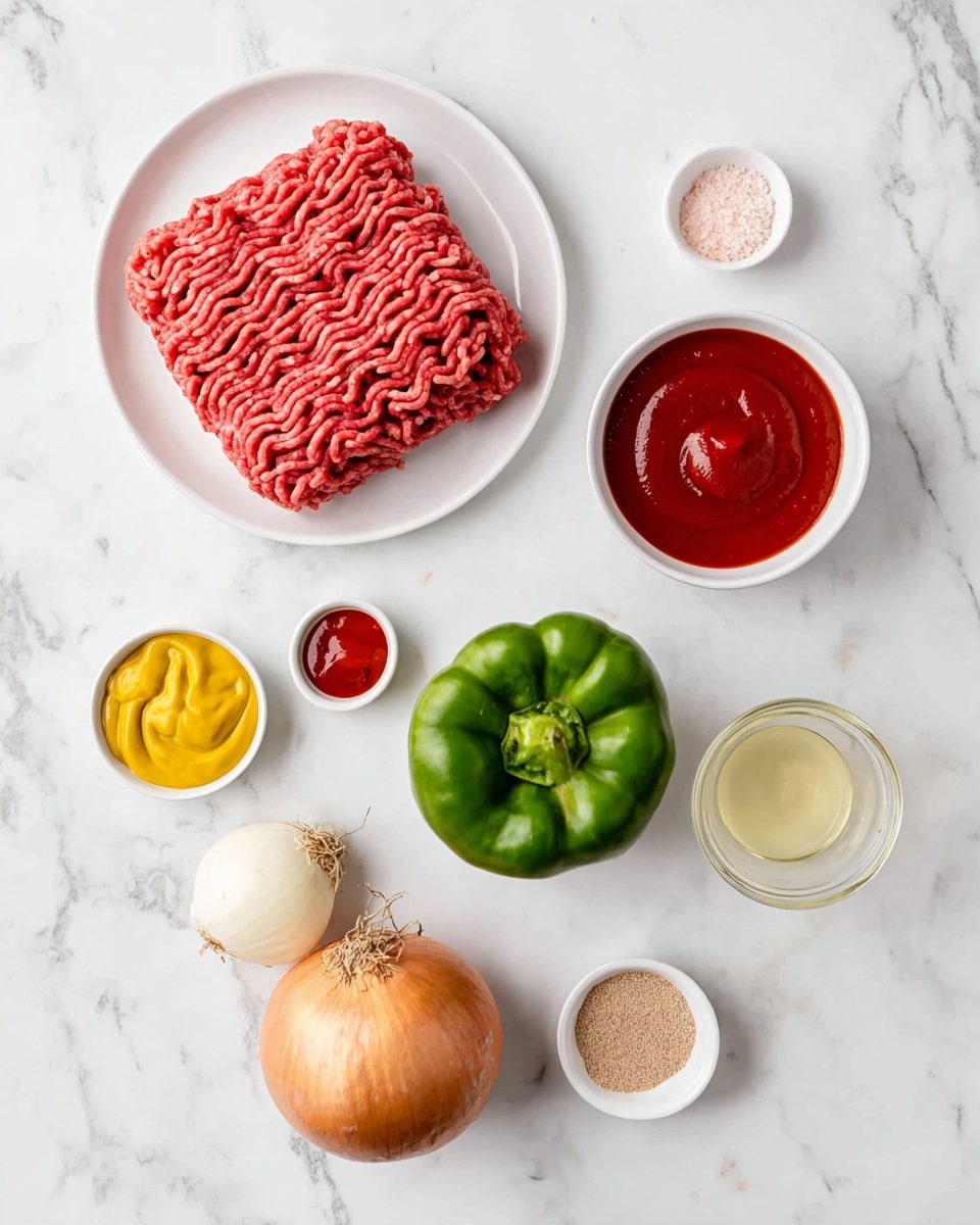 A block of raw ground meat with a pinkish-red color and wavy texture sits on a white plate in the top left. To the right, there is a small white bowl filled with smooth, rich red ketchup. Below these, a whole green bell pepper with a glossy surface and a yellow onion with light brown dry layers and roots are placed side by side on a white marbled surface. Below them, there are small white bowls containing bright yellow mustard, smooth red tomato paste, and a small glass bowl with light brown sugar. Additionally, there is a small clear bowl with a light yellow liquid, and two tiny white bowls, one with a light tan powder and the other with coarse pink salt, all arranged loosely on the white marbled background. Photo taken with an iphone --ar 4:5 --v 7