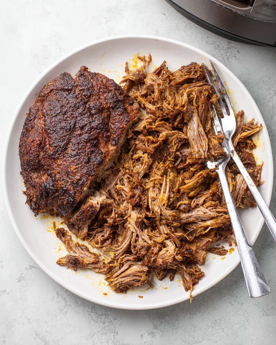 A white plate sits on a white marbled surface holding a large piece of dark brown cooked meat with a rough, crispy outer layer on the left side; the right side of the plate is filled with shredded meat showing a mix of brown shades and a fibrous texture. Two metal forks are placed on the right side of the plate, one pressing down on the large piece of meat, and the other closer to the spindly shredded meat strands. The scene includes part of a black and gray kitchen appliance at the top edge of the image. Photo taken with an iphone --ar 4:5 --v 7