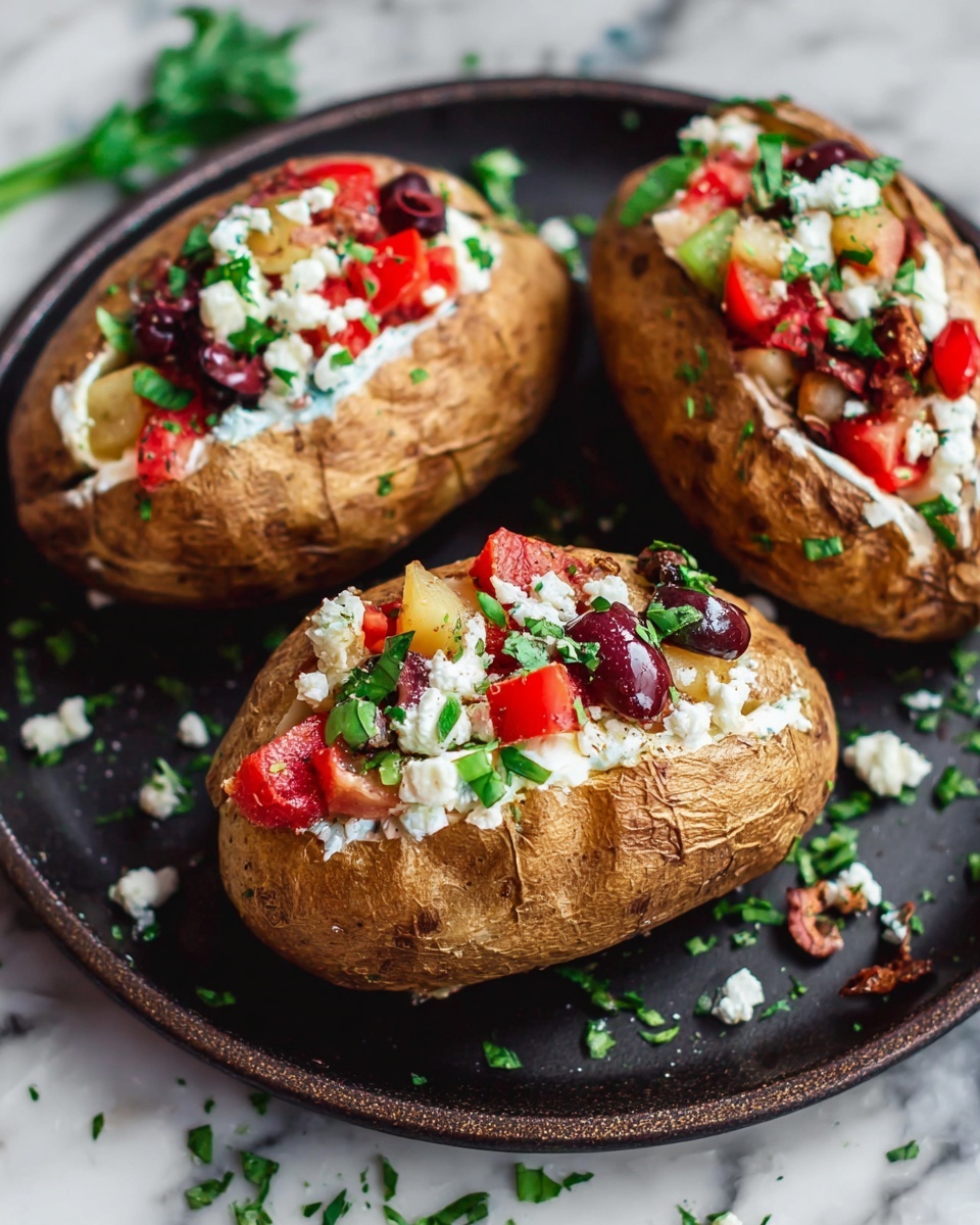 Three baked potatoes with a brown, textured skin sit on a dark round tray. Each potato is cut open and filled with layers starting with a white creamy base, followed by red tomato pieces, dark red and green olive slices, small bits of white cheese, and sprinkled with bright green chopped herbs. There are extra bits of cheese and herbs scattered around the potatoes on the tray. The scene is on a white marbled surface. Photo taken with an iphone --ar 4:5 --v 7