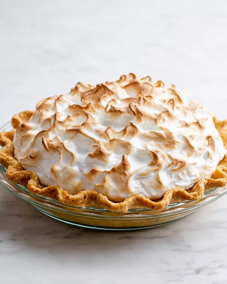 This image shows a round pie with a golden brown crust that has a wavy edge. On top, there is a thick layer of light cream-colored meringue, which is browned on the tips and has a fluffy texture with many peaks and swirls, giving it a soft and airy look. The pie is in a clear glass pie dish, placed on a white marbled surface, with soft daylight illuminating it. photo taken with an iphone --ar 4:5 --v 7