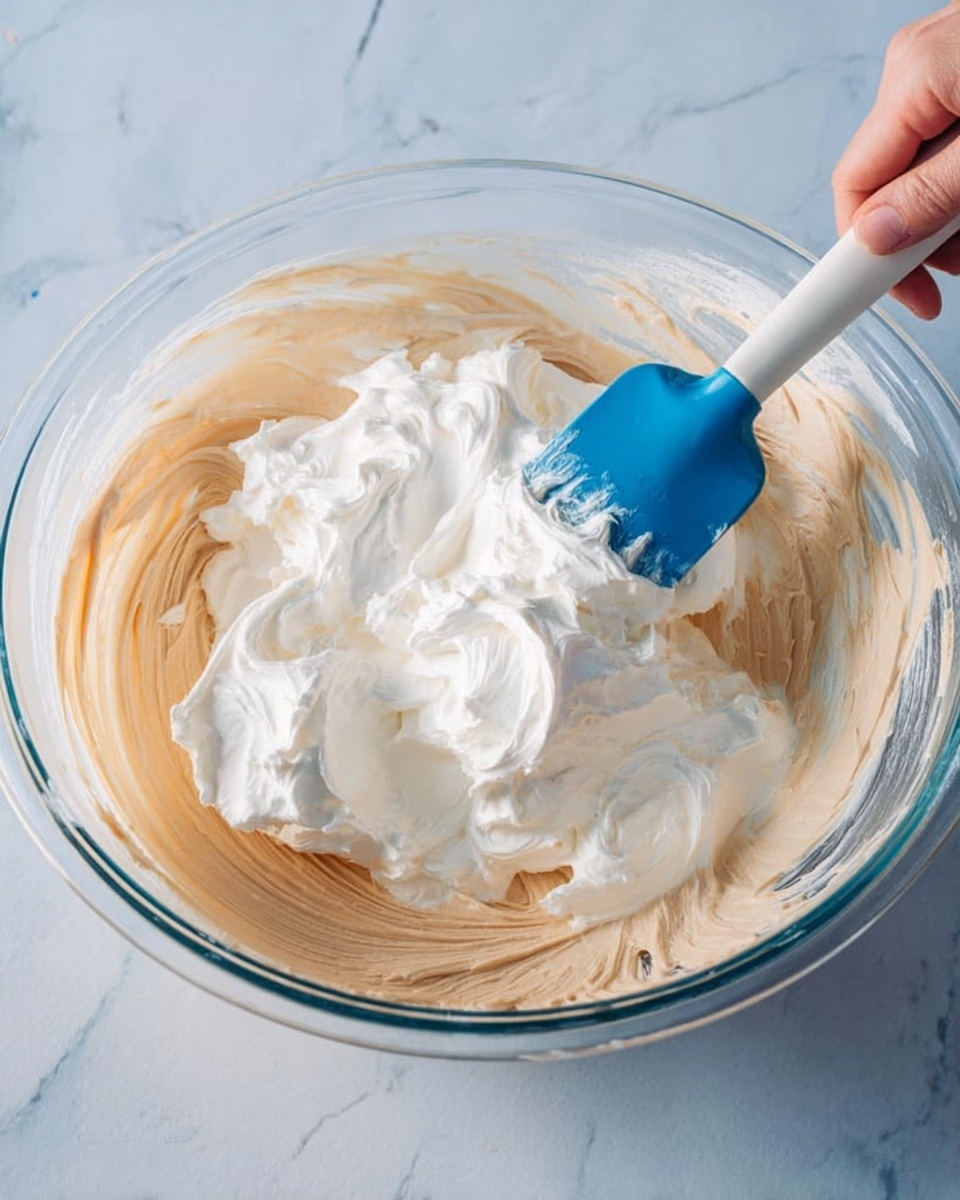 A clear glass bowl sits on a white marbled surface, filled with two thick layers of mixture being combined. The bottom layer is a light brown, creamy mixture spread evenly across the bowl’s base. The top layer is a fluffy white substance placed on top of the brown mixture in large dollops. A woman's hand holds a blue spatula lifting and mixing the white layer into the brown layer, creating swirls and blending textures. The background shows part of the woman's hand at the bowl’s edge as well. Photo taken with an iphone --ar 4:5 --v 7