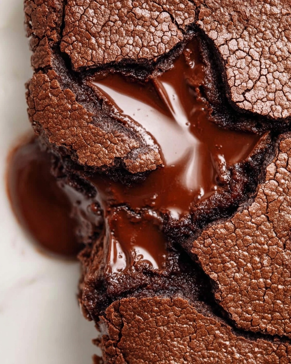 A close-up view of a chocolate dessert showing one thick layer with a cracked, slightly rough dark brown crust on top. Inside, there is a smooth, melted chocolate layer with a shiny texture flowing through the cracks. The dessert has a rich and dense look with the moist chocolate filling visible under the dry crust layer. The background features a white marbled texture. photo taken with an iphone --ar 4:5 --v 7