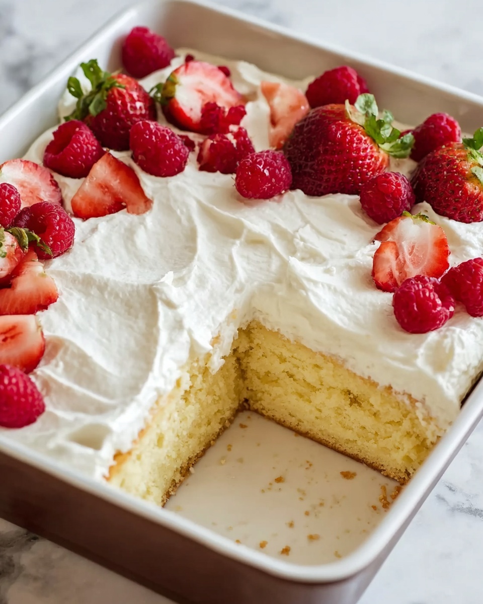 A white rectangular dish holds a two-layer dessert with the bottom layer made of a light yellow cake with a soft texture and the top layer covered with smooth white cream. The cream layer is thick and spread evenly, with a few gentle swirls on the surface. The dessert is decorated with fresh red raspberries and halved strawberries placed mostly around the edges and a few on top, adding bright red and green colors. A slice is missing from the dish, showing the inside layers clearly. The dish sits on a white marbled surface. Photo taken with an iphone --ar 4:5 --v 7