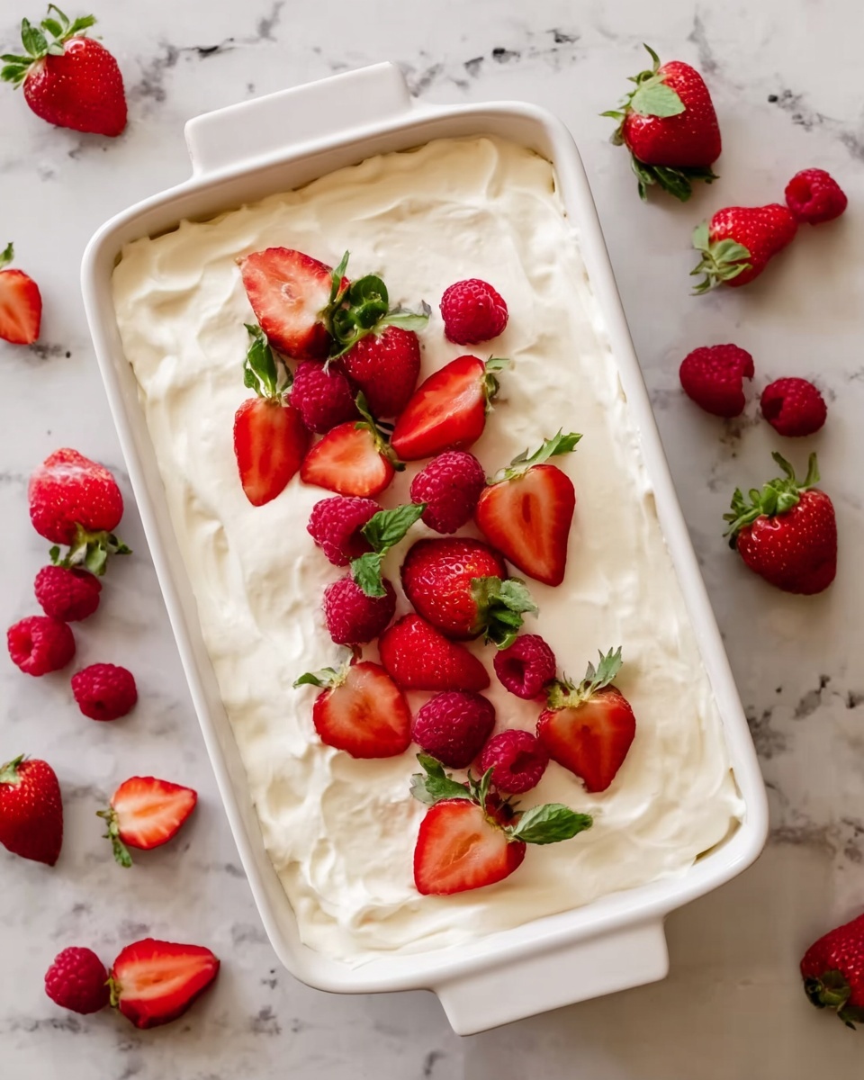 A white rectangular dish filled with a thick layer of smooth, creamy white topping that covers the entire surface evenly. On top, there are seven small clusters of fresh red strawberries and raspberries spread out, with each cluster containing sliced strawberries with green leaves and whole raspberries. Around the dish, there are loose strawberries and raspberries placed casually on a white marbled surface. The image shows a close view of this dessert. Photo taken with an iphone --ar 4:5 --v 7