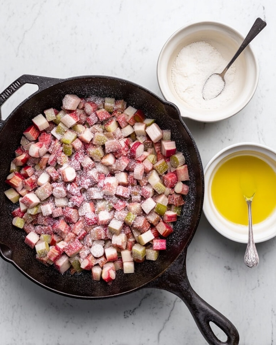 A black cast iron skillet filled with small chunks of red and green rhubarb scattered evenly, topped with a layer of white sugar powder. Next to the skillet on a white marbled surface are two white bowls: one containing melted yellow butter and the other a white mixture with a spoon inside. The scene shows the ingredients ready to be mixed and cooked, with soft lighting highlighting the textures of the rhubarb and the smooth surfaces of the bowls. Photo taken with an iphone --ar 4:5 --v 7