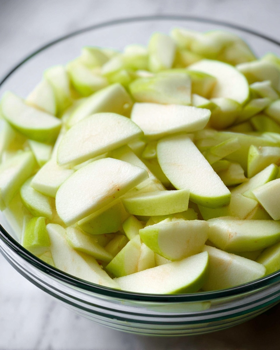 A clear glass bowl filled with many thinly sliced pieces of green apple, shown close up. The apple slices are irregular in shape, some triangular and some more rectangular, and they form one thick layer piled up inside the bowl. The green apple pieces have a pale greenish-white color and smooth texture. The bowl sits on a white marbled surface. photo taken with an iphone --ar 4:5 --v 7