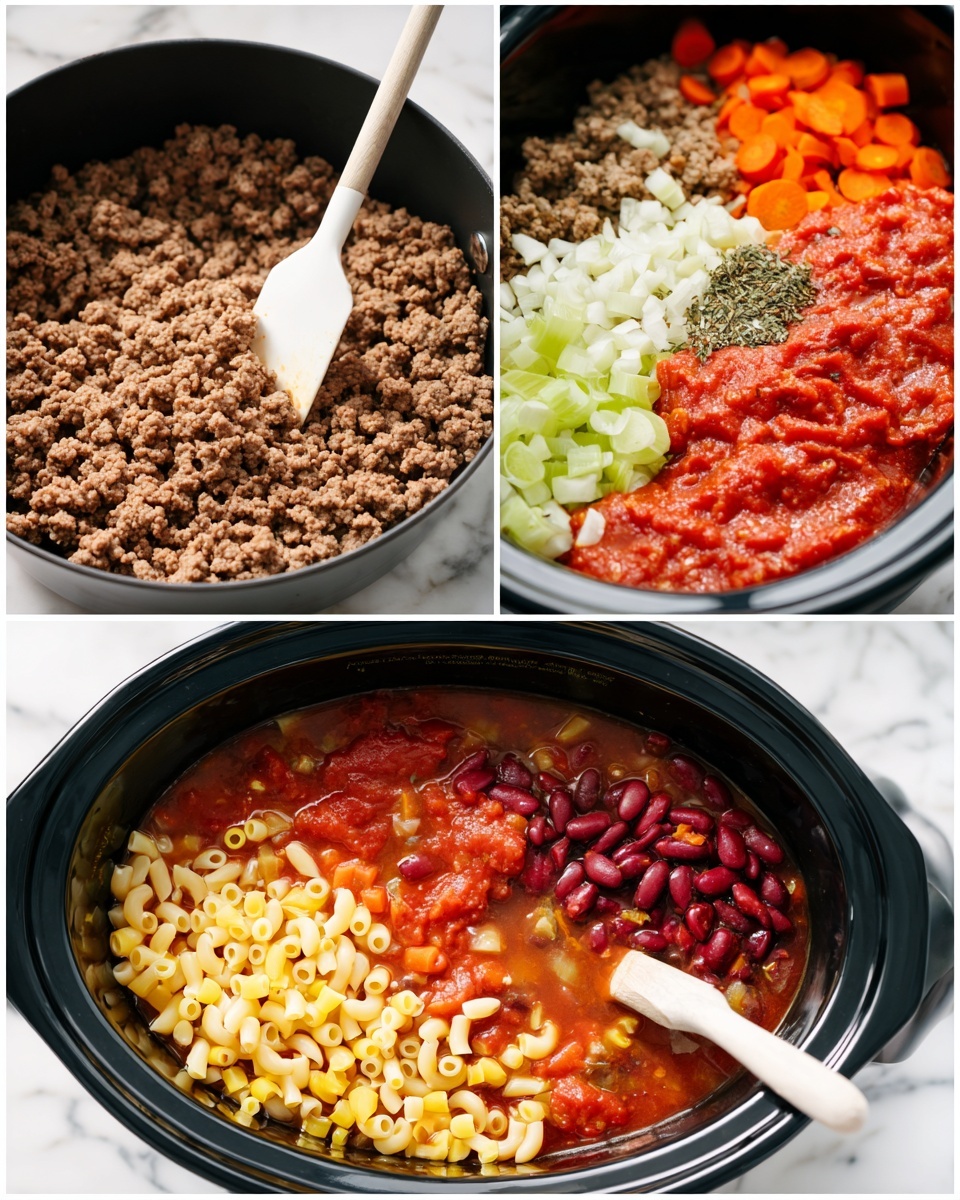 The image collage shows three cooking stages. The top left photo has a black frying pan filled with cooked ground meat, light brown in color, with a white spatula stirring it on a white marbled surface. The top right photo shows a black slow cooker filled with layers of ingredients: bright red tomato sauce, chopped white onion, light green celery, orange carrots, seasoned with dried herbs, and some cooked ground meat on the side. The bottom photo shows the same black slow cooker with added ingredients: small white beans, bright yellow dry macaroni pasta, dark red kidney beans, and a rich tomato-based broth with cooked vegetables like celery and carrot pieces visible. A white spatula rests inside the slow cooker. photo taken with an iphone --ar 4:5 --v 7