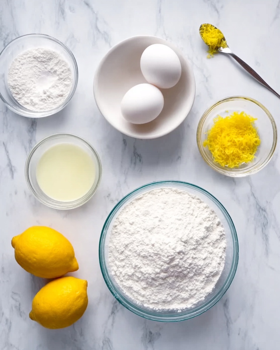 The image shows a white marbled surface with several small clear and white bowls arranged neatly displaying ingredients. At the top center is a white bowl holding two white eggs. Surrounding it are a small clear bowl of white powdery substance on the left, a small clear bowl with a light yellow liquid next to it on the right, and a spoon with bright yellow zest above the liquid. Below these bowls, there are two whole bright yellow lemons positioned on the left and right side. In the center bottom, there is a larger clear bowl filled with a white powder, likely flour, creating a soft, textured layer. All items are clean and spaced evenly. Photo taken with an iphone --ar 4:5 --v 7