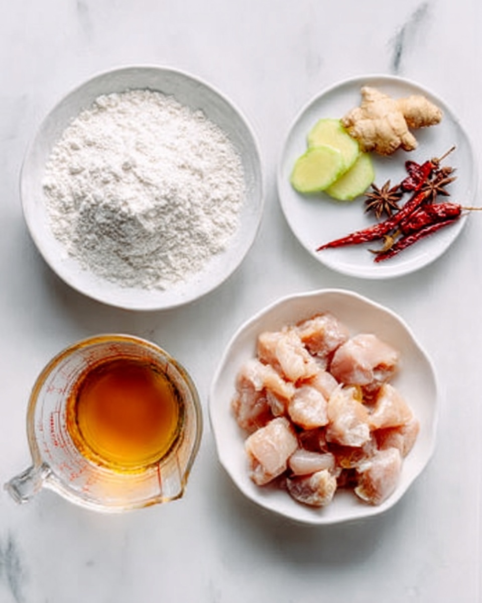 The image shows four white round dishes on a white marbled surface. On the top left is a bowl filled with a heap of white powder. To the top right is a small plate with light green slices of ginger, three dried red chilies, a star anise, and two pieces of light brown slices of garlic. On the bottom left is a clear glass measuring cup containing a light brown liquid. At the bottom right, there is a bowl filled with small pieces of raw chicken, cut into chunks. The scene is bright and clean, with the ingredients neatly arranged for cooking preparation. Photo taken with an iphone --ar 4:5 --v 7