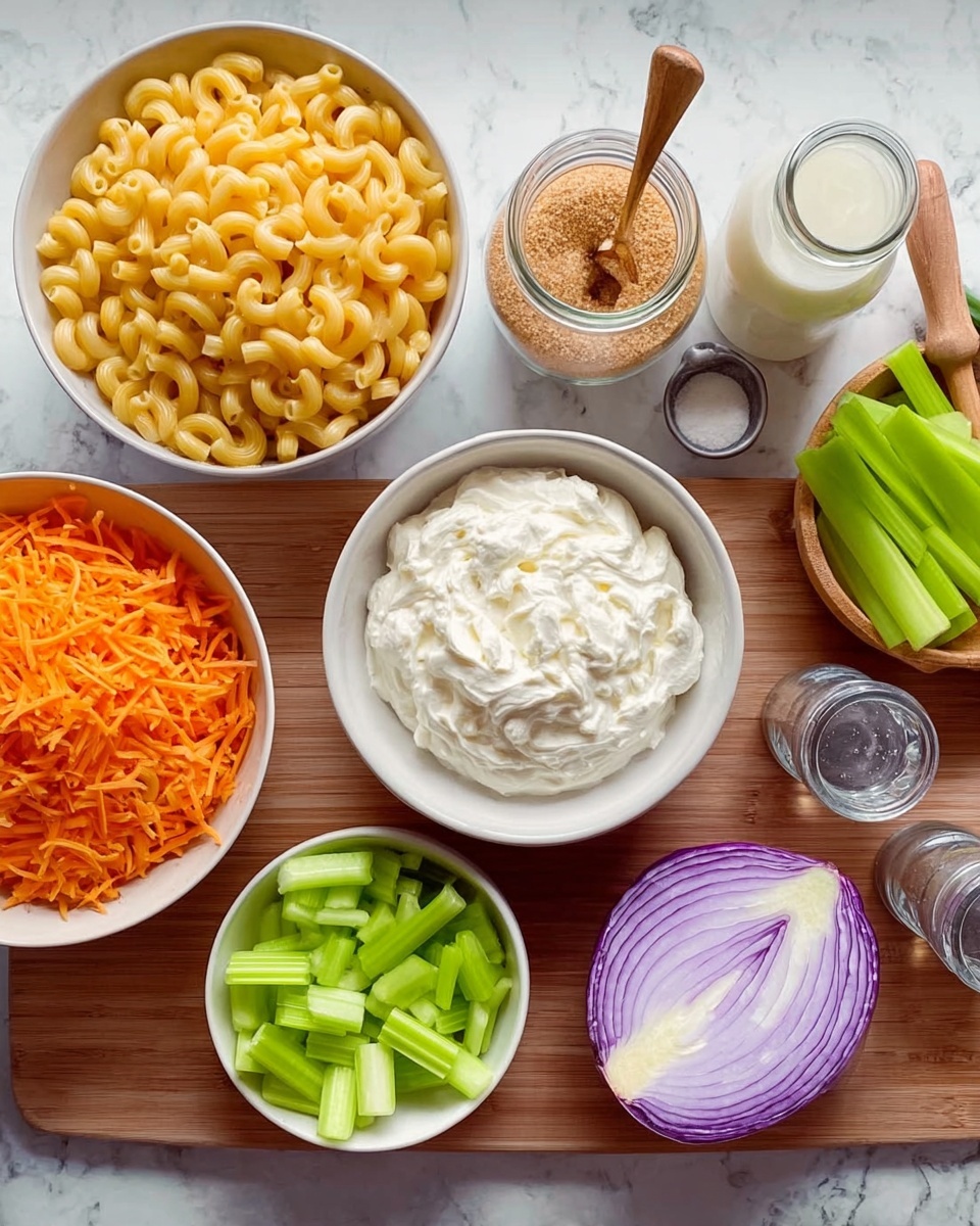 The image shows a wooden table with several bowls and ingredients arranged neatly. In the center is a bowl filled with white creamy mixture, likely cream cheese or a similar spread. To the left of it, there is a white bowl filled with cooked yellow elbow macaroni. Below that is a pile of grated orange carrots. To the right of the creamy mixture bowl, there is a white bowl with bright green, sliced celery pieces. On the far right, there is a half of a purple onion showing its concentric layers. Above the creamy mixture bowl, there are two clear shakers for salt and pepper, a small shot glass with a light brown liquid, and a jar with brown sugar and a wooden spoon in it. There is also a small bottle of milk near the top left. The surface under these items is white marble textured. Photo taken with an iphone --ar 4:5 --v 7