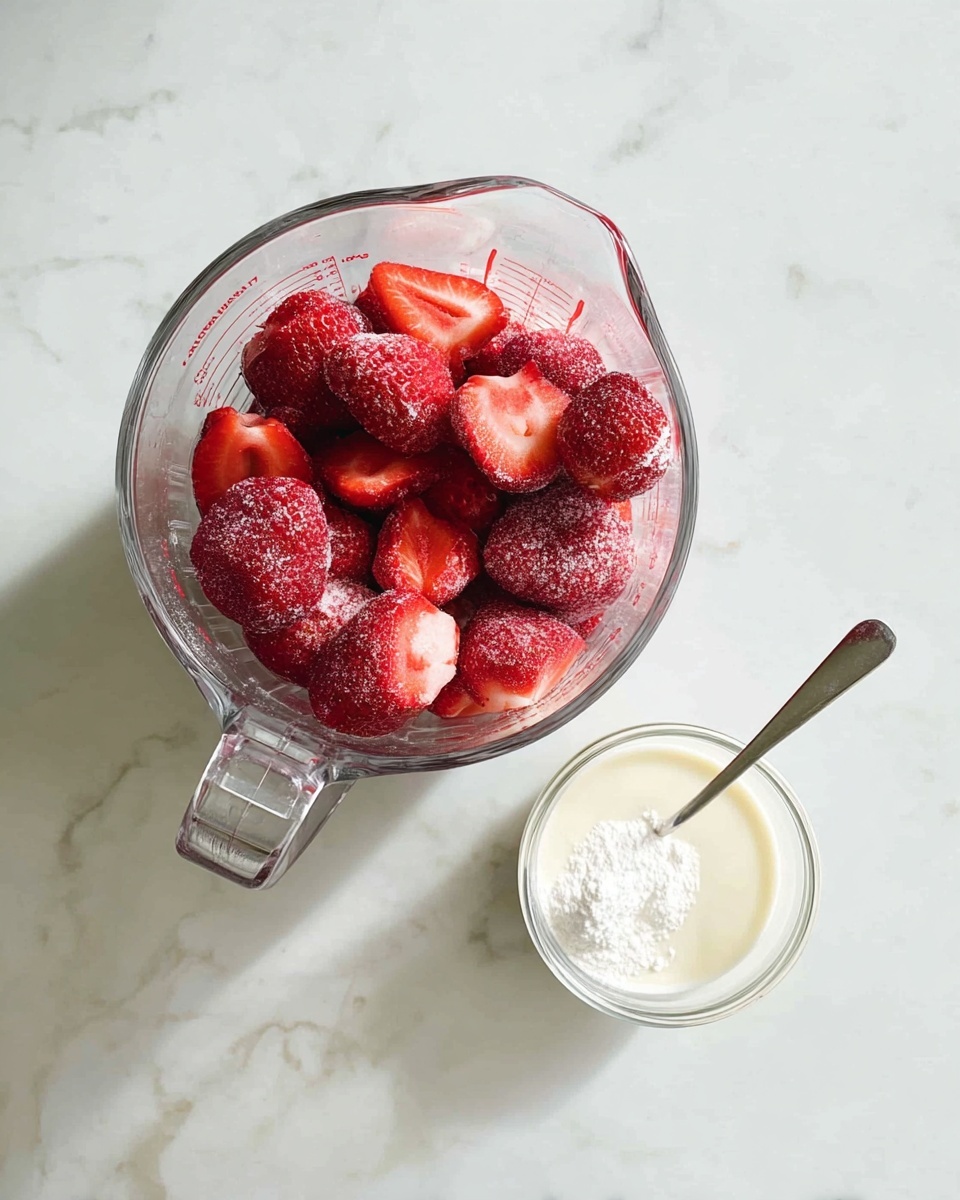 A clear glass measuring cup filled with many frozen strawberries, some whole and some sliced, showing bright red and frosty textures. Below the measuring cup, there is a small clear glass bowl with a creamy white liquid and a measuring spoon filled with white powder, placed on a white marbled surface. The arrangement is simple and clean, with soft natural lighting highlighting the fresh and frozen textures of the ingredients. photo taken with an iphone --ar 4:5 --v 7