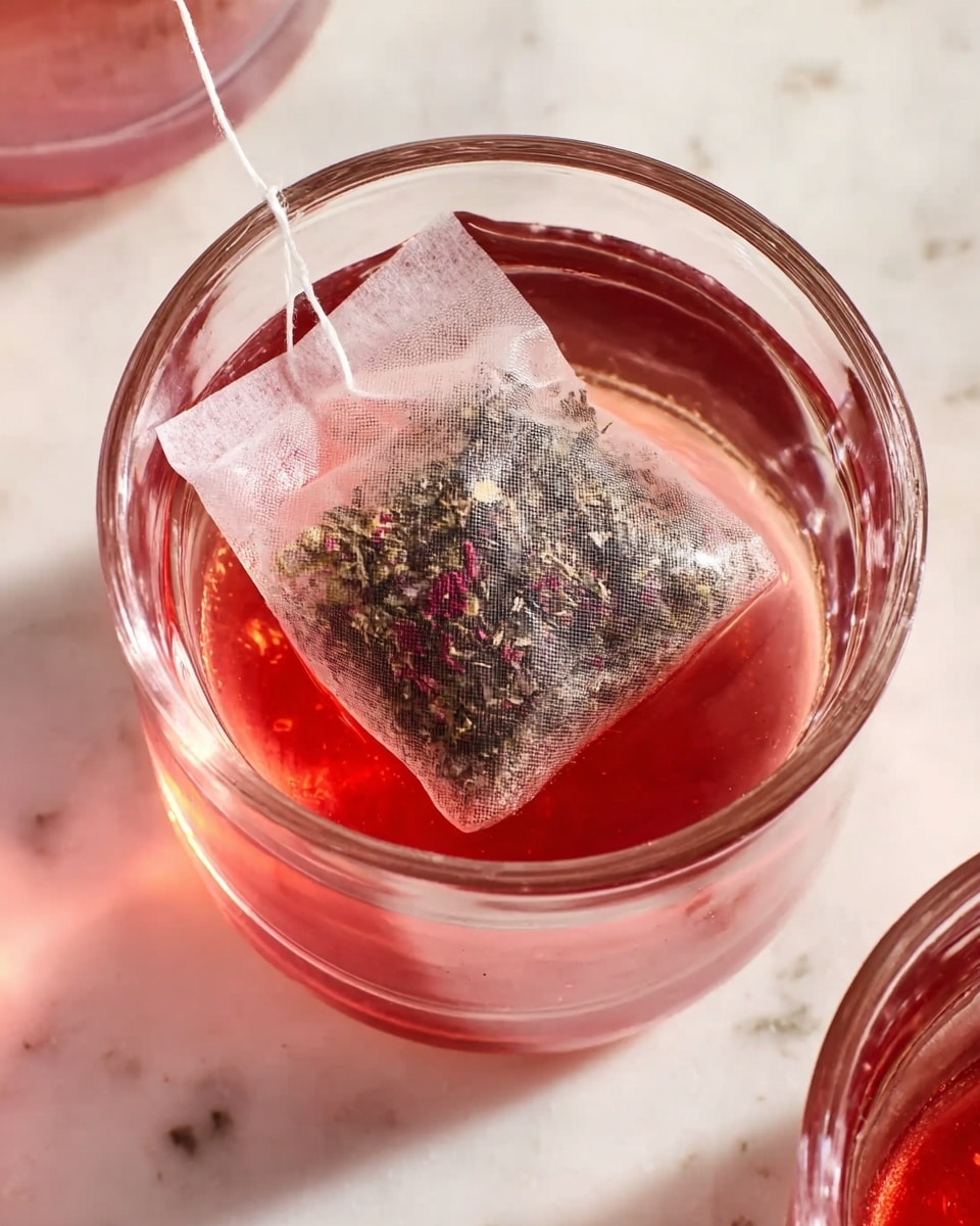 A clear glass cup filled with pinkish-red liquid, with a tea bag steeping inside. The tea bag contains dark, loose tea leaves mixed with some small light and red bits, partially soaked in the liquid. The glass shows reflections and light bouncing off its round edges. The cup sits on a white marbled surface, and part of another glass with a similar pink liquid is seen on the right side. Photo taken with an iphone --ar 4:5 --v 7