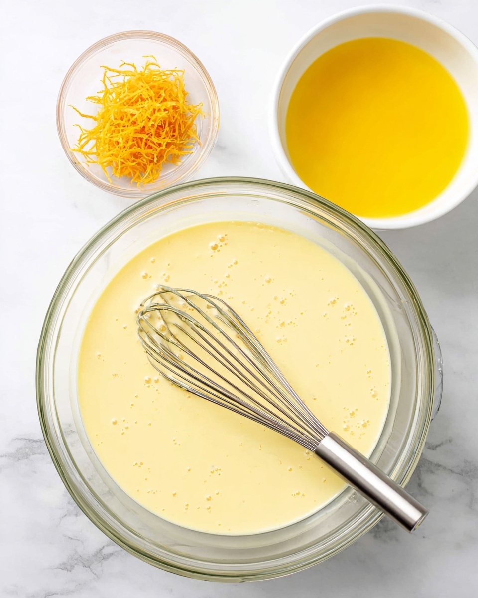 A large clear glass bowl sits on a white marbled surface filled with pale yellow liquid batter with small bubbles and a shiny silver whisk resting inside. Behind it to the top right is a white bowl filled with bright yellow liquid, likely melted butter or oil, and to the top left is a small clear glass bowl containing finely shredded orange-yellow zest. The scene is bright and clean with a focus on the smooth creams and vivid yellow tones photo taken with an iphone --ar 4:5 --v 7