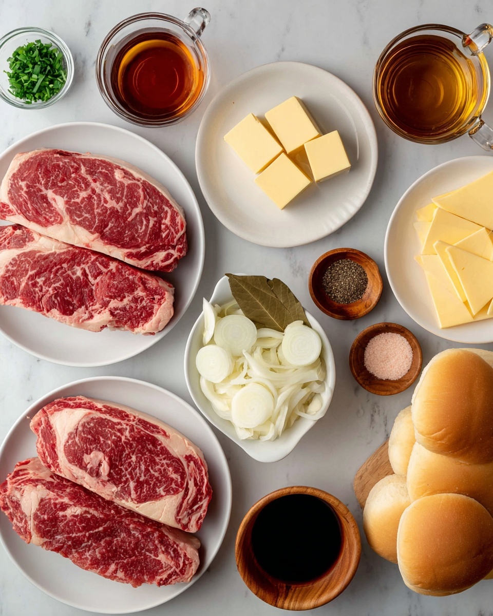 The image shows raw ingredients arranged neatly on a white marbled surface, featuring two thick marbled red and white raw steaks on a white plate in the bottom left. To the right, there is a white bowl filled with sliced white onions, whole garlic cloves, and a bay leaf. Above that, a small wooden bowl contains three cubes of yellow butter. Next to the butter, a white plate holds four slices of pale yellow cheese. Near the top right, a white plate holds four soft, light brown sandwich rolls. Two clear glass measuring cups are filled with liquids—one with a dark reddish-brown liquid and the other with a lighter amber liquid. Three small wooden bowls hold black pepper and salt, a pinkish powder, and a dark sauce. A small wooden bowl with green chopped herbs is at the top left. The lighting is bright and natural. Photo taken with an iphone --ar 4:5 --v 7