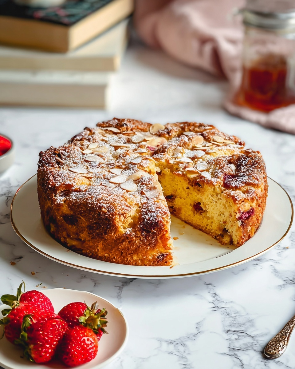 The image shows a round, golden brown cake placed on a white plate with a thin gold rim, sitting on a white marbled surface. The cake has a textured top sprinkled with powdered sugar and slivered nuts, with visible pieces of fruit baked into the top layer. A slice is cut and slightly pulled out from the cake, revealing a moist yellow interior with fruit pieces inside. In the foreground, there is a few bright red strawberries on the marbled surface and a woman's hand holding a small white plate with red rings and more strawberries on it. In the background, a jar and two stacked books are softly blurred. photo taken with an iphone --ar 4:5 --v 7
