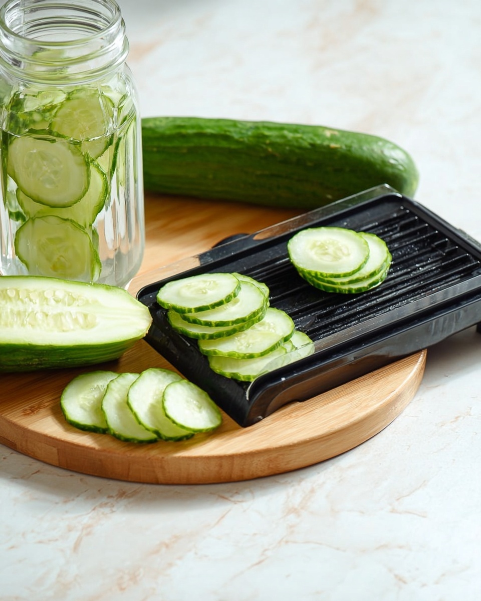 The image shows a black slicer on a round wooden board with thin, round slices of cucumber placed neatly on it. Next to the slicer, a fresh cucumber is cut in half with one half leaning against the other, showing its green skin and light green inside. To the left, a glass jar filled with thin cucumber slices and water is visible. The surface underneath has a white marbled texture, giving a clean and fresh feel to the scene. photo taken with an iphone --ar 4:5 --v 7