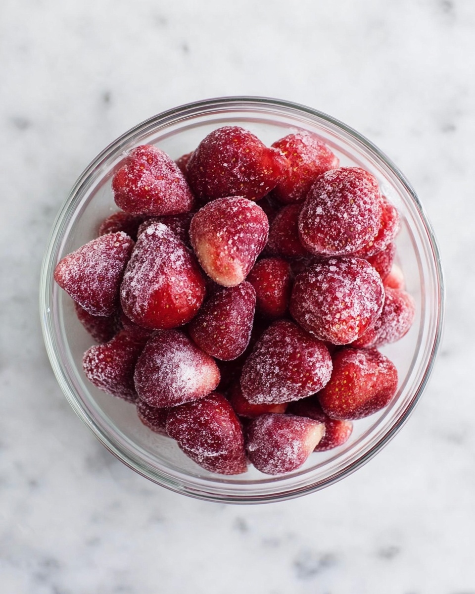 A clear glass bowl filled with about two layers of whole frozen strawberries, each strawberry showing a frosty texture and deep red color with some white frost covering. The strawberries are round and slightly irregular in shape, with a mix of peeled and unpeeled tops visible. The bowl is placed on a white marbled texture surface. photo taken with an iphone --ar 4:5 --v 7