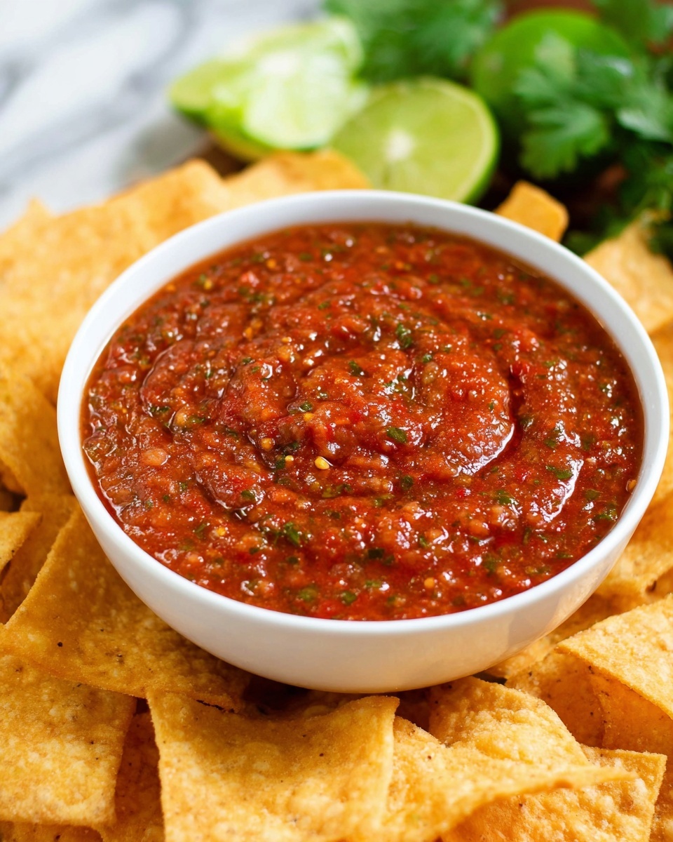 A white bowl full of chunky red salsa with small bits of herbs and spices visible, surrounded by many golden yellow tortilla chips with crisp, slightly bubbled texture. In the background, there are bright green lime wedges and some fresh green cilantro leaves, all resting on a white marbled surface. The salsa has a thick, textured look with a slight swirl pattern on top. Photo taken with an iphone --ar 4:5 --v 7