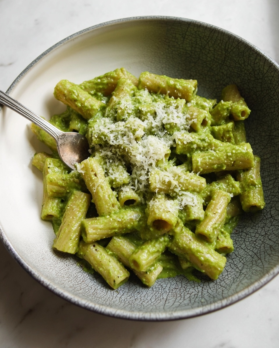A white bowl filled with short tube-shaped pasta covered in a thick, smooth bright green sauce. The pasta is fully coated with the sauce, showing a creamy texture. On top, a small amount of finely grated light cream cheese is sprinkled, adding a bit of texture contrast. The dish is placed on a white marbled surface. photo taken with an iphone --ar 4:5 --v 7