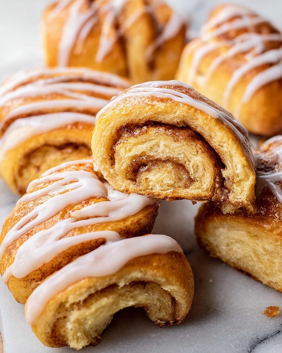 The image shows several golden brown rolls with a soft, fluffy texture and a spiral of cinnamon filling inside. The top of each roll is drizzled with a light white glaze in thin lines, which adds a shiny contrast to the warm tones of the roll. One roll is cut in half, showing the inside layers clearly, with a slightly darker brown swirl of cinnamon running through the light dough. The rolls rest on a white marbled surface, enhancing the warm colors of the pastry. photo taken with an iphone --ar 4:5 --v 7