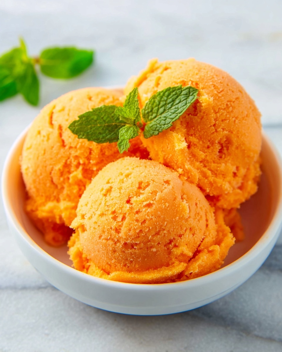 The image shows three scoops of bright orange ice cream placed closely together in a white bowl. The ice cream looks smooth and creamy with a slightly rough texture on the surface. There are three fresh green mint leaves placed on top of the scoops, adding a fresh and lively contrast to the bright orange color. The bowl is sitting on a white marbled surface that highlights the colors of the ice cream and leaves. The scene is simple and clean. photo taken with an iphone --ar 4:5 --v 7