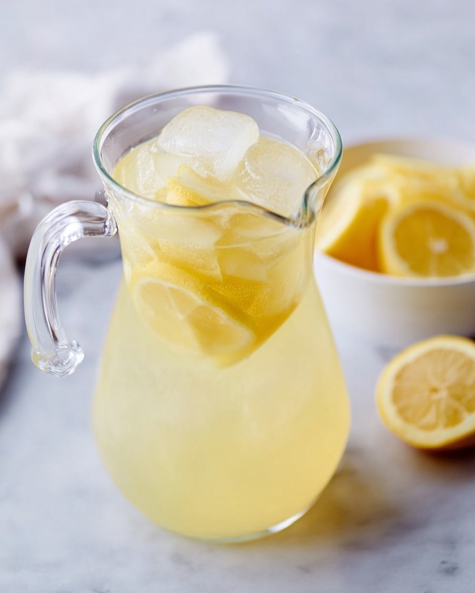 A clear glass filled with light yellow lemonade and ice cubes, with a lemon slice floating inside near the top. The glass is placed on a soft white cloth on a white marbled surface. To the left, there is a clear pitcher with more lemonade and floating lemon slices, partially visible. Behind the glass, slightly to the right, is a white bowl filled with several halved yellow lemons, showing the textured interior. An empty clear glass is next to the bowl on the right. Photo taken with an iphone --ar 4:5 --v 7