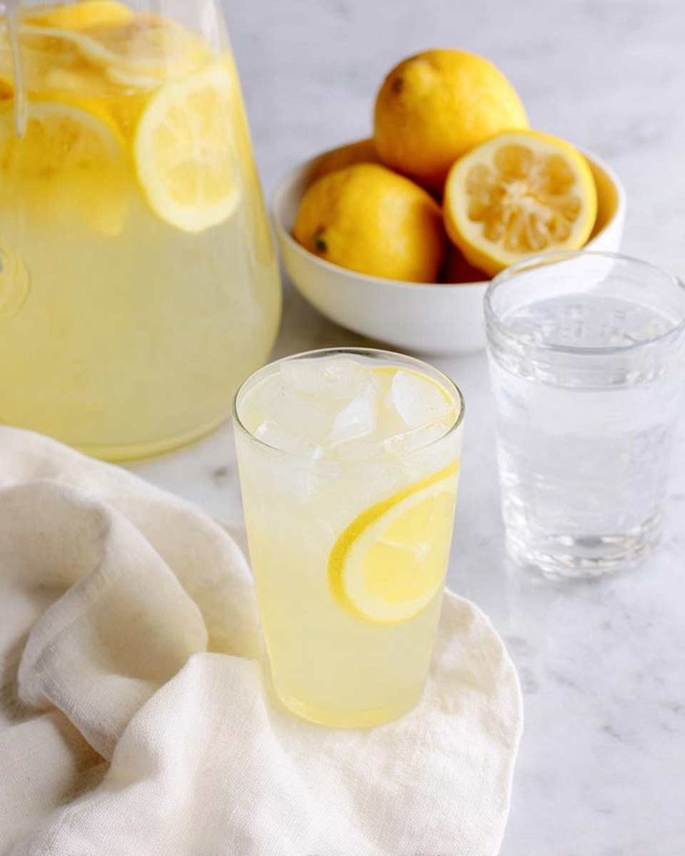 A clear glass filled with light yellow lemonade sits on a white cloth, with small ice cubes floating on top. Inside the glass, there is a thin, round slice of lemon pressed near the side, showing its bright yellow rind and pale yellow inside. The background is a white marbled surface with a softly blurred second glass and a bowl of lemon slices in the background. photo taken with an iphone --ar 4:5 --v 7